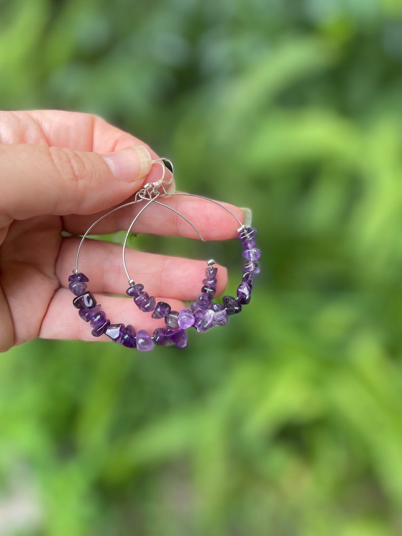 Amethyst earrings, Custom hoop earrings with Amethyst beads, jewelry gift daughter, crystal hoop earrings, February Birthstone earrings wife image 1