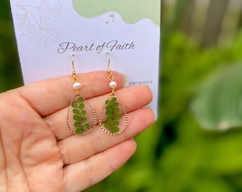 Forest Fern Earrings Pearl Handmade Real Fern Earrings Transparent Real Leaf Earrings Dangle 14K gold jewelry boho Birthday gifts for her