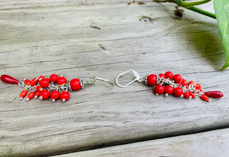 Valentines day Red coral statement earrings gift for women, mom birthday gift gemstone cluster earrings, unique gift for her dangle earrings image 10