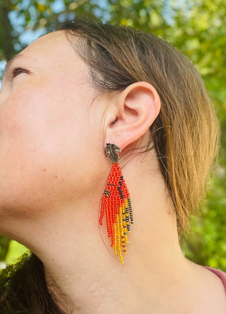 Unique handmade earrings, Burnt orange gold statement earrings, Leaf stud earrings big, Long seed beaded Fringe earrings, jewelry for her image 2