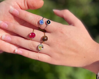 Handmade Adjustable Ring: Coffee Bean, Mushroom, Wildflower, Mustard Seed