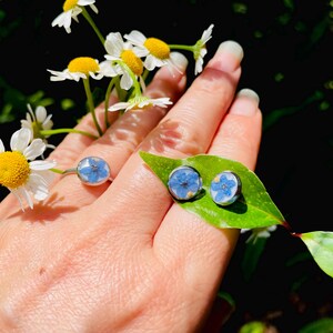 K&ouml;nnte beinhalten: Ein Set aus silbernen Ohrringen und einem Ring mit blauen Vergissmeinnicht-Bl&uuml;ten, die in klarem Harz gepresst sind. Der Schmuck wird auf einer Hand mit einem gr&uuml;nen Blatt gezeigt.