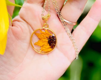 Collar de girasol real Collar de girasol para mujer, Joyas de girasol Collar de flores prensadas Regalos de girasol Girasoles Colgante de girasol