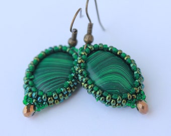 Dangle Malachite Earrings copper gold sterling silver hook, vintage emerald Green beaded earrings statement unique handmade gift for mom