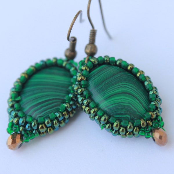 Dangle Malachite Earrings copper gold sterling silver hook, vintage emerald Green beaded earrings statement unique handmade gift for mom