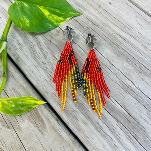 Unique handmade earrings, Burnt orange gold statement earrings, Leaf stud earrings big, Long seed beaded Fringe earrings, jewelry for her image 10