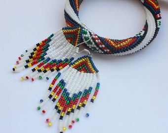 Rainbow seed bead tassel earrings, beaded earrings, Long fringe Beaded Gypsy colorful dangles, native american indian jewelry, mothers day