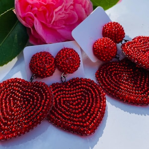 Valentines day heart earrings beaded | Red pink black big heart earrings clip on unique handmade valentines day gift for her wife girlfriend