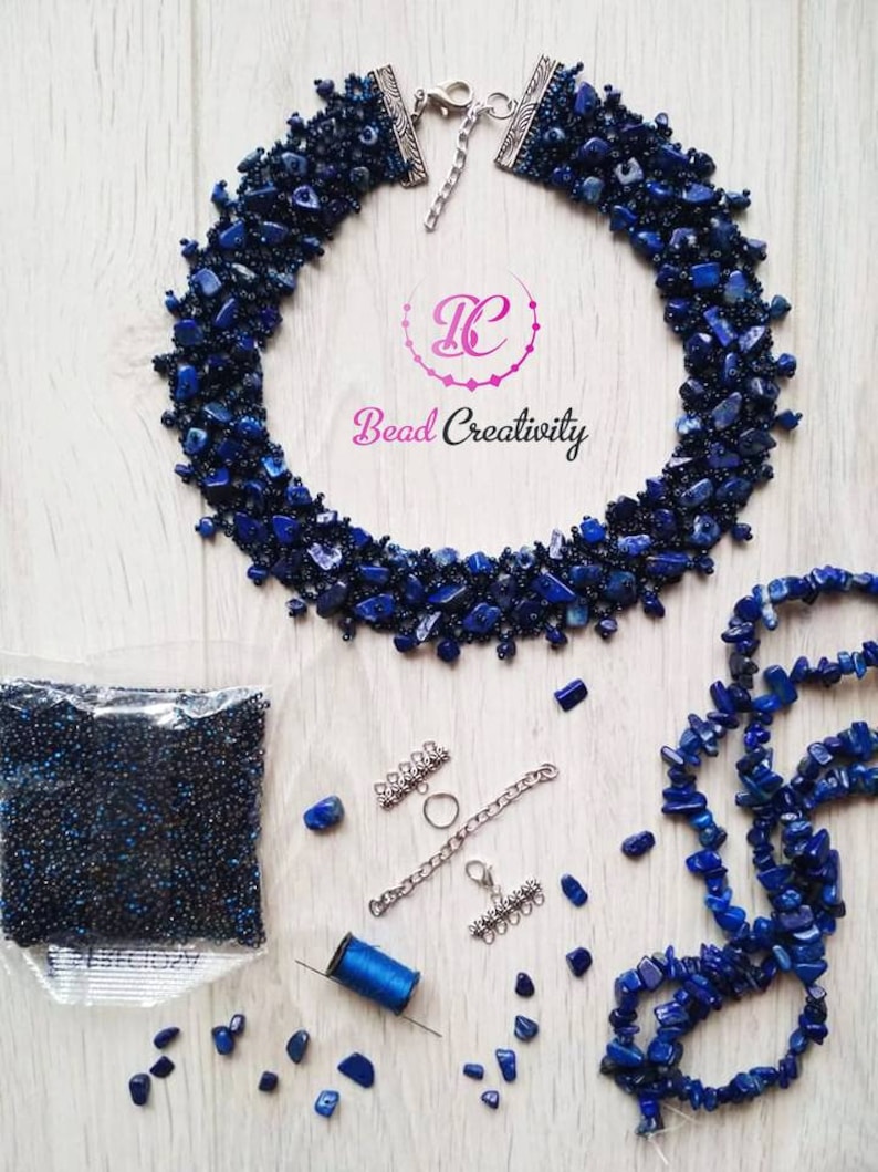 Raw birthstone Lapis Lazuli crystal necklace collar unique holiday gift for her handmade beaded jewelry set for mom wife September birthday image 8