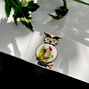 May include: A bronze owl brooch with a white background and a resin inlay of mushrooms and greenery.