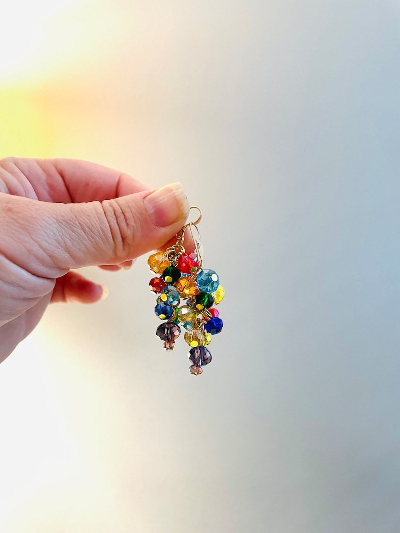 Multicolor crystal earrings dangle Rainbow cluster earrings drop elegant classy earrings gold or silver unique birthday gift for her mother image 2