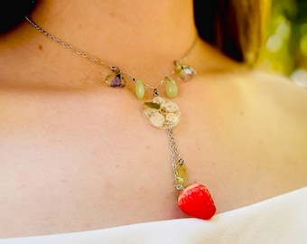 Strawberry necklace Romantic Layered Beaded Fairycore Necklace Cottagecore Fruit lariat necklace Wisteria Pressed Flower Necklace Aventurine