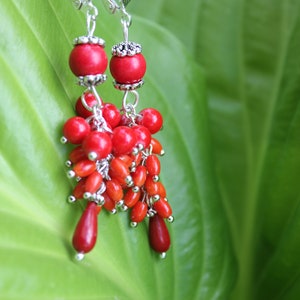 Valentines day Red coral statement earrings gift for women, mom birthday gift gemstone cluster earrings, unique gift for her dangle earrings image 1