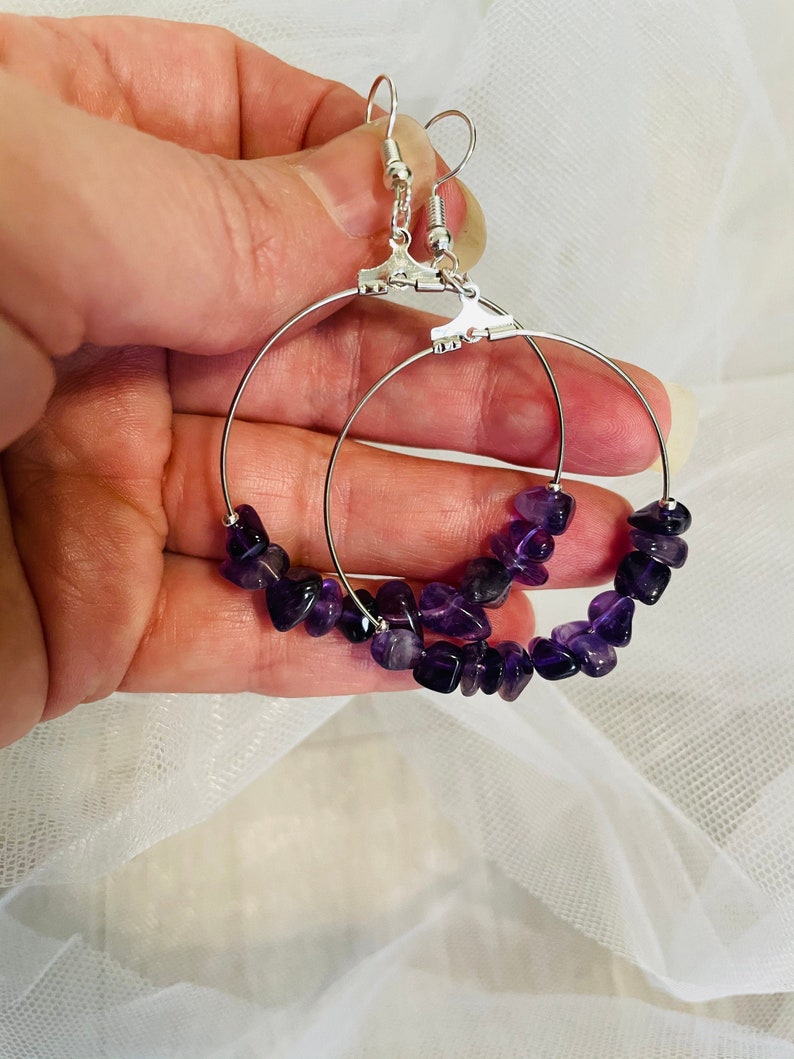 Amethyst earrings, Custom hoop earrings with Amethyst beads, jewelry gift daughter, crystal hoop earrings, February Birthstone earrings wife image 4