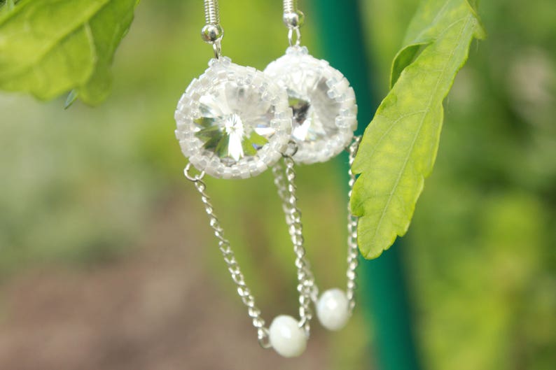 swarovski dangle earrings, Silver chain drop earrings gift for her women, Long chandelier bridal earrings, Formal earrings, wedding earrings image 2