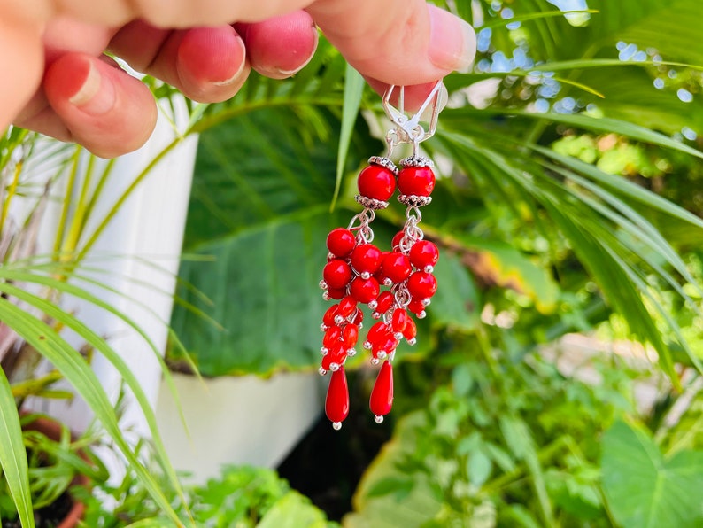 Valentines day Red coral statement earrings gift for women, mom birthday gift gemstone cluster earrings, unique gift for her dangle earrings image 7