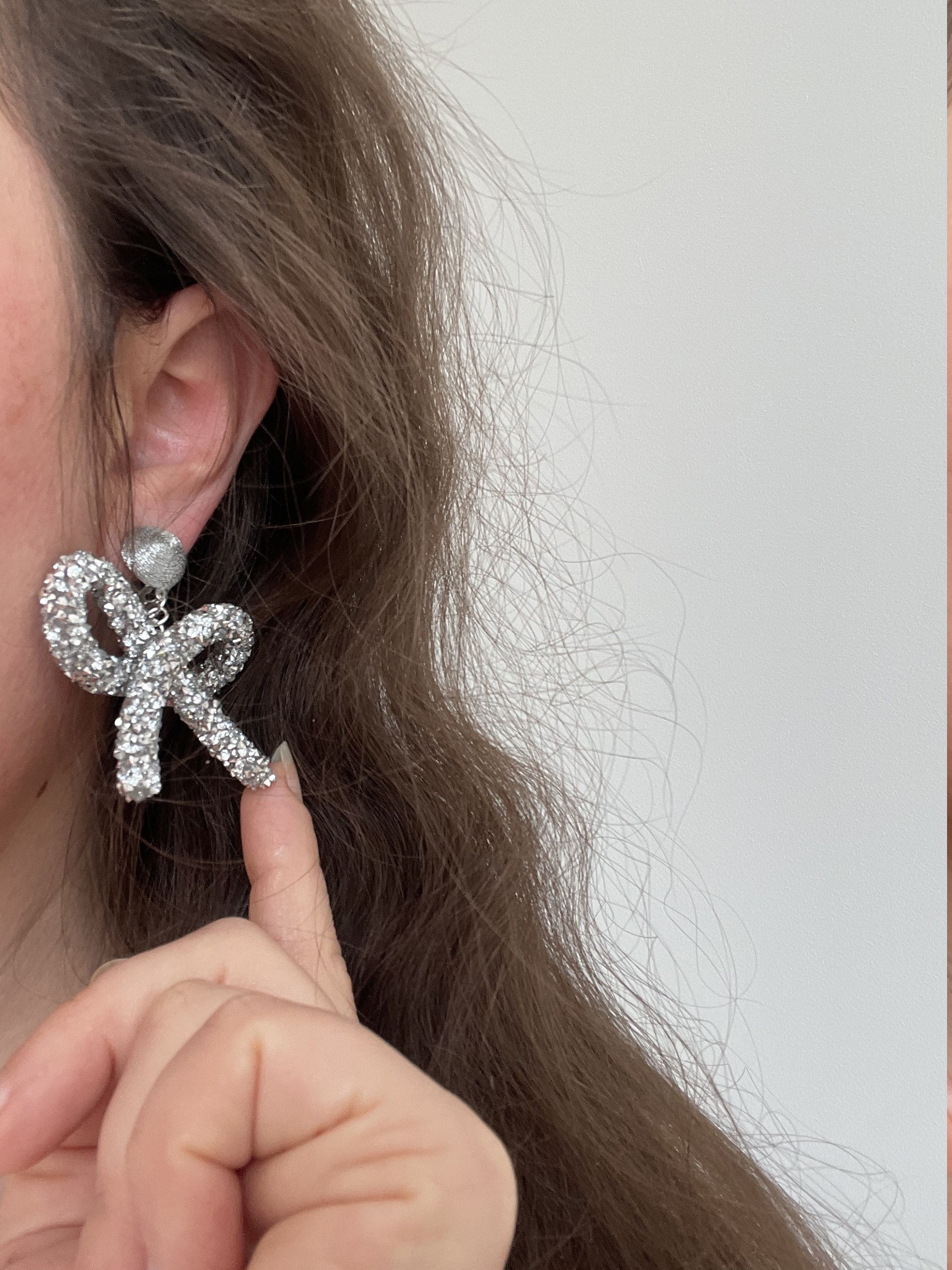 Rhinestone Bow Earrings Drop, Crystal Earrings, Silver