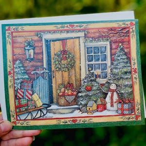 Holiday Door Christmas card boxed Vintage Old Fashion Christmas Card Snowman Sleigh Presents Christmas Wreath Farmhouse Winter Greeting Card