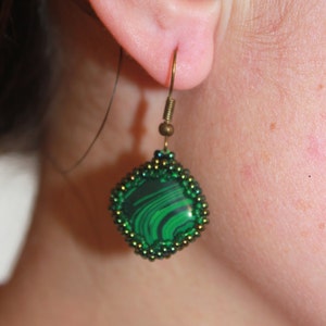 Malachite earrings, crystal earrings, gemstone green stone earrings, simple earrings, dangle square earrings, Mothers Day gift for her mom image 2