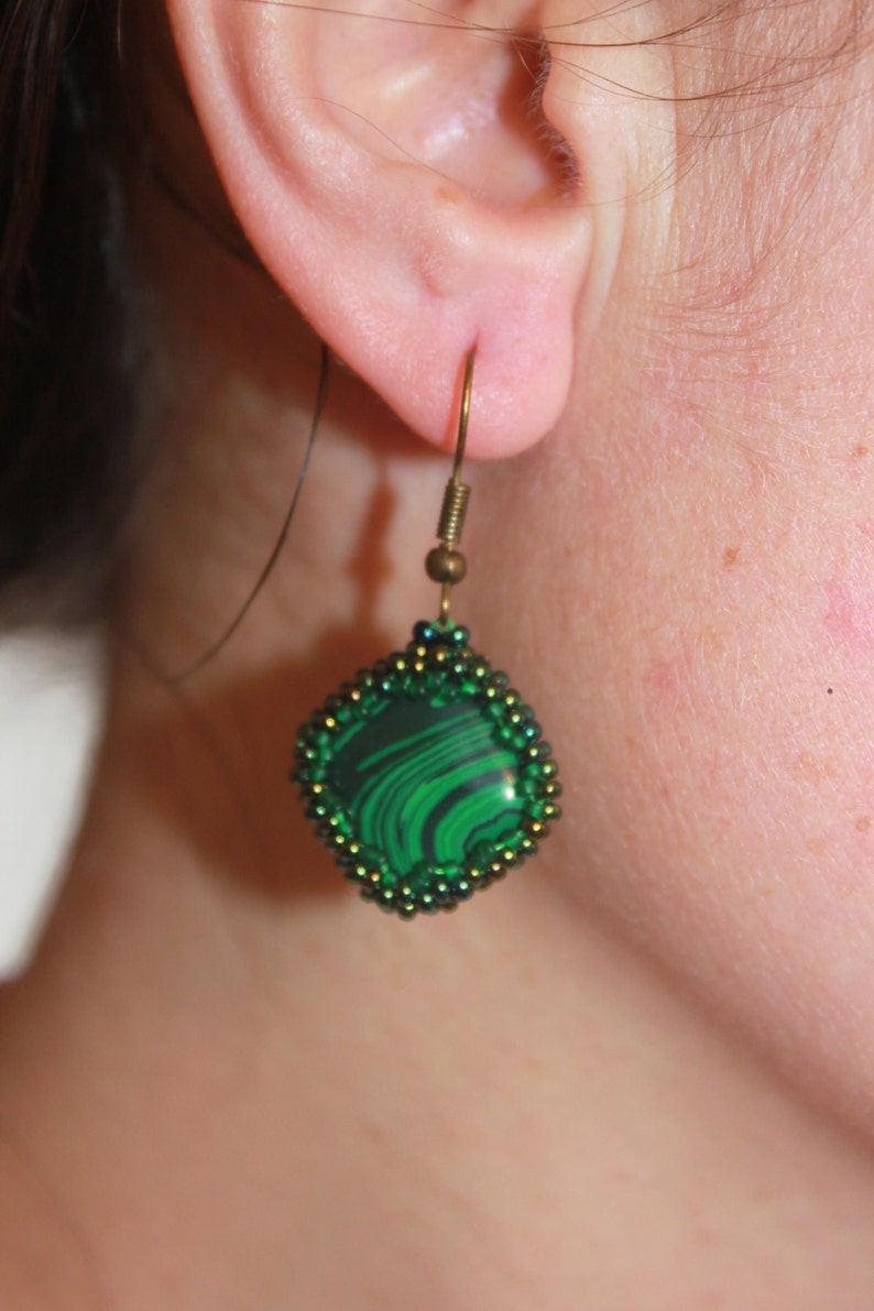 Malachite earrings, crystal earrings, gemstone green stone earrings, simple earrings, dangle square earrings, Mothers Day gift for her mom image 2