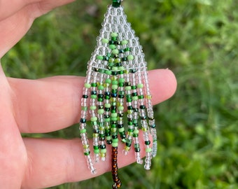 Christmas earrings dangle, Abstract Beaded Fringe earrings, Christmas tree seed bead earrings Green transparent Long earrings Boho Handmade