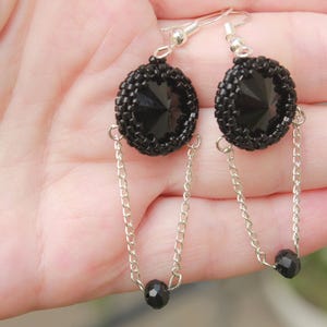 Earrings. Black earrings beaded, Gothic earrings, goth chain earrings, goth jewelry, steampunk earrings, black jewelry for her, self gift, image 1