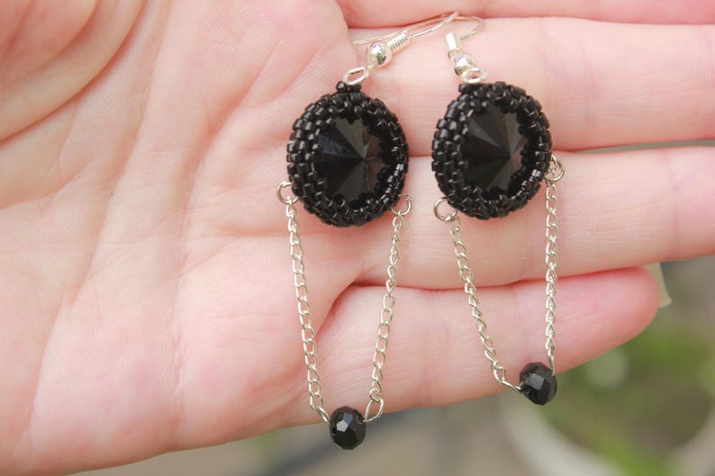 Earrings. Black earrings beaded, Gothic earrings, goth chain earrings, goth jewelry, steampunk earrings, black jewelry for her, self gift, image 1