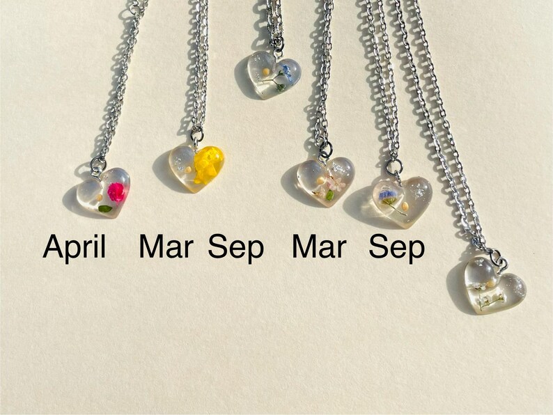 Puede incluir: Cinco collares de plata con colgantes en forma de coraz&oacute;n que contienen flores prensadas. Los colgantes son transparentes y muestran las flores en detalle. Los collares est&aacute;n etiquetados con los meses de abril, marzo, septiembre, marzo y septiembre.