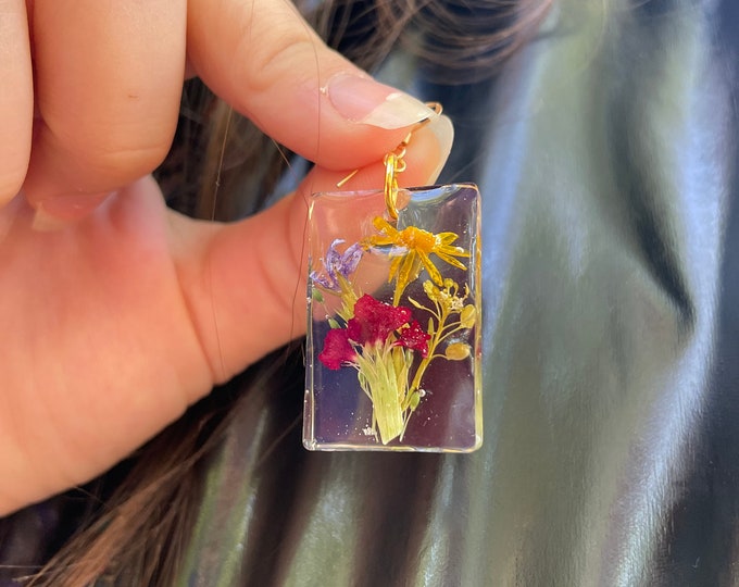 Birth month flower bouquet necklace earrings unique Birthday gift, Custom pressed wildflower resin jewelry mothers day gift for aunt wife