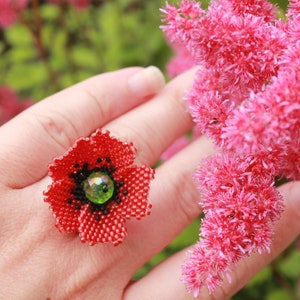 Valentine gift flower ring, red poppy jewelry, big floral rings quirky, nature jewelry for women, Birthday gifts for wife, present for mom