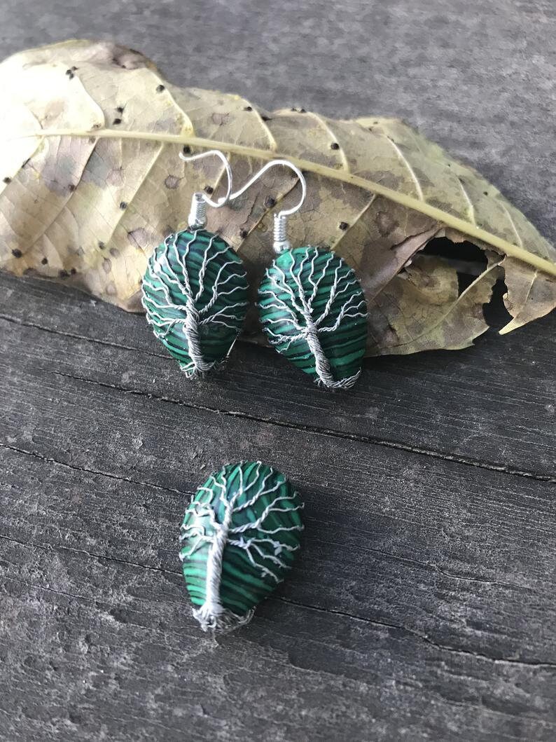 Malachite earrings, crystal earrings, gemstone green stone earrings, simple earrings, dangle square earrings, Mothers Day gift for her mom teardrop tree oflife