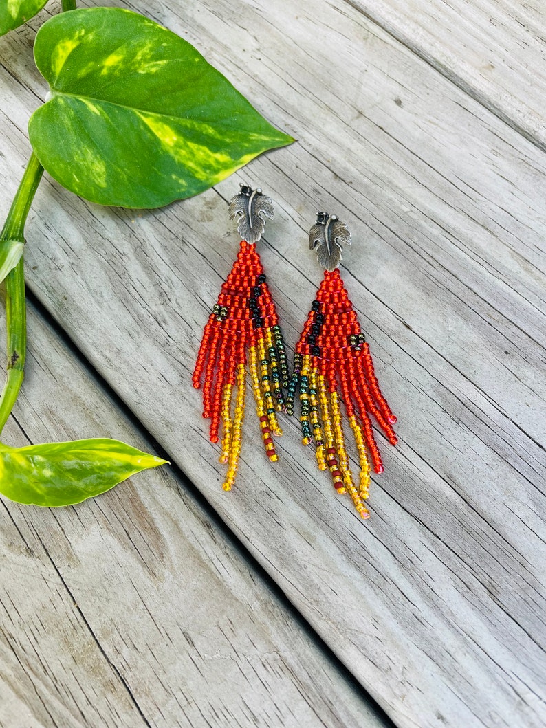 Unique handmade earrings, Burnt orange gold statement earrings, Leaf stud earrings big, Long seed beaded Fringe earrings, jewelry for her image 6