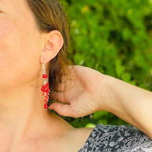 Valentines day Red coral statement earrings gift for women, mom birthday gift gemstone cluster earrings, unique gift for her dangle earrings image 8