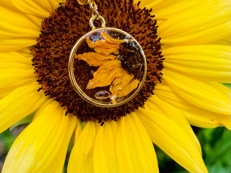 May include: A gold pendant necklace featuring a clear resin-filled circular charm with dried yellow sunflower petals. The pendant is set against a bright yellow sunflower with a dark brown centre.