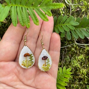 Puede incluir: Un par de pendientes de gota de oro con resina blanca y setas secas y vegetaci&oacute;n en su interior.