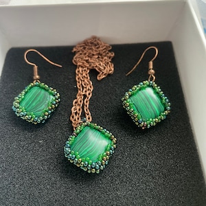 Malachite earrings, crystal earrings, gemstone green stone earrings, simple earrings, dangle square earrings, Mothers Day gift for her mom square set