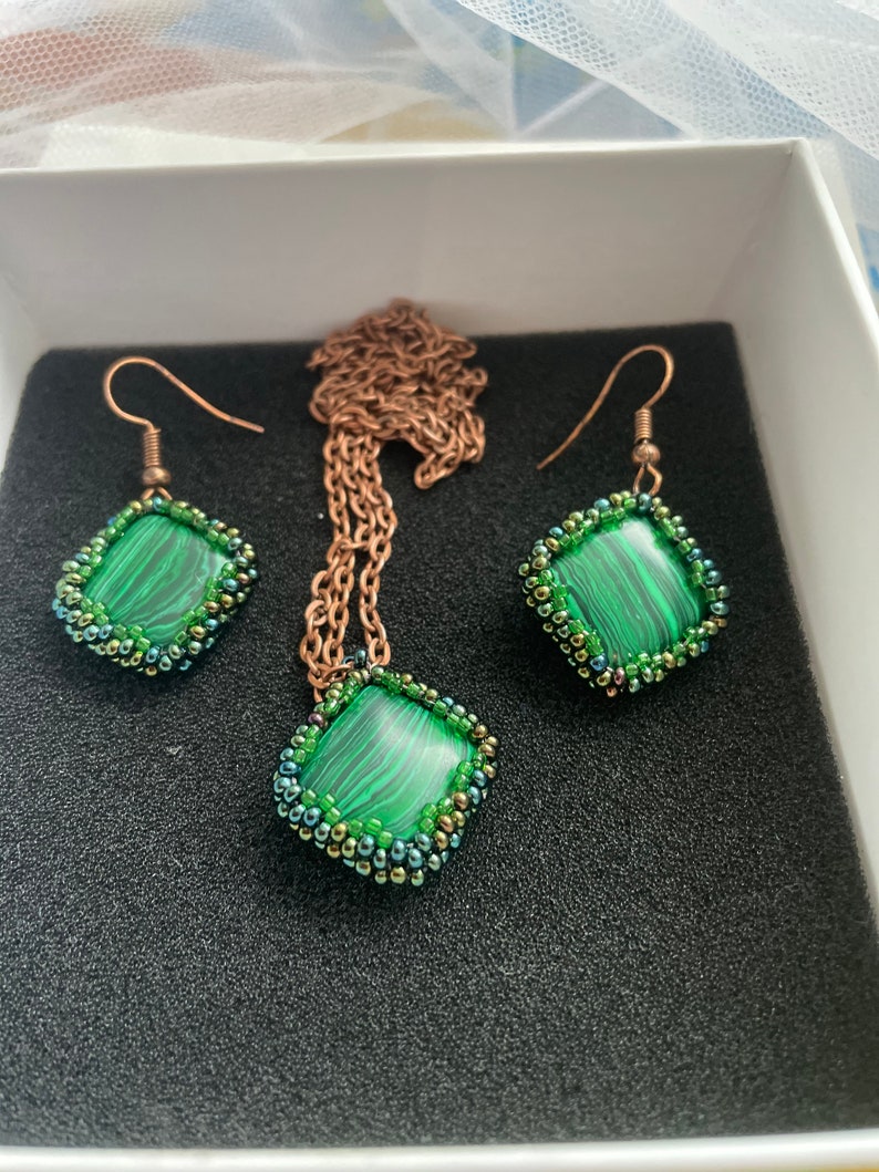 Malachite earrings, crystal earrings, gemstone green stone earrings, simple earrings, dangle square earrings, Mothers Day gift for her mom image 1