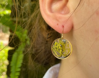 Green Moss Earrings: Gold Resin Botanical Jewelry, Nature Gift