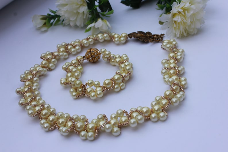 Swarovski pearl wedding necklace for bride, pearl collar necklace, pearl necklace graduate bridal jewelry set daughter, prom choker for her image 3