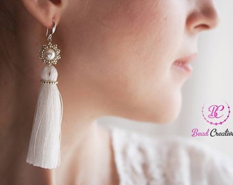 Christmas holiday gift for wife mom Swarovski pearl earrings, silk tassel earrings silver, Long Dangle Wedding Earrings for bride bridesmaid