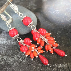 Valentines day Red coral statement earrings gift for women, mom birthday gift gemstone cluster earrings, unique gift for her dangle earrings image 2