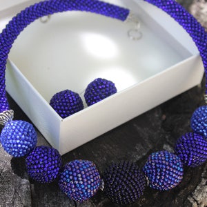 Blue bib choker necklaces for women seed beaded ball bonbon jewelry for her bold statement necklaces, fashion jewellery for women bridesmaid Blue