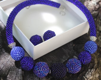 Blue bib choker necklaces for women seed beaded ball bonbon jewelry for her bold statement necklaces, fashion jewellery for women bridesmaid