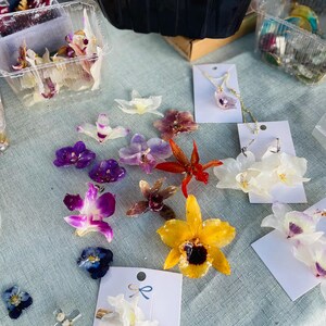 Pode incluir: Uma cole&ccedil;&atilde;o de pe&ccedil;as de joalharia feitas com flores de orqu&iacute;dea revestidas a resina, incluindo pendentes, brincos em cart&otilde;es brancos e acess&oacute;rios de cabelo. O sortido apresenta orqu&iacute;deas amarelas, roxas, vermelhas e brancas.
