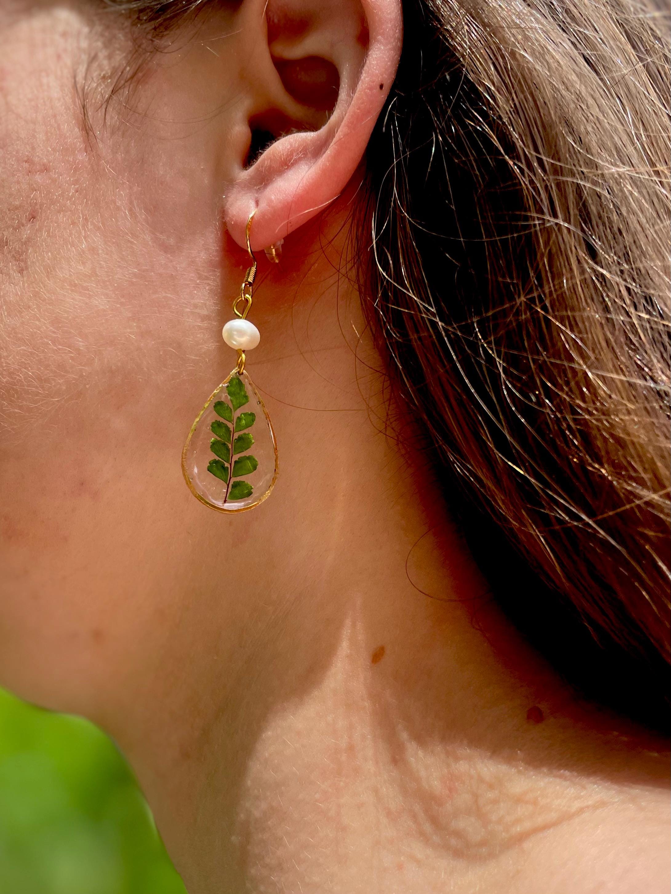 Forest Fern Earrings Pearl Handmade Real Fern Earrings Transparent Real Leaf Earrings Dangle 14K gold jewelry boho Birthday gifts for her