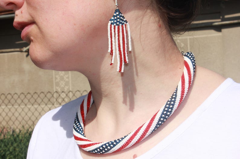 4th July jewelry birthday gifts for grandma mom, american flag necklace, patriotic jewelry, labor Day sale, patriotic beaded choker for wife image 4