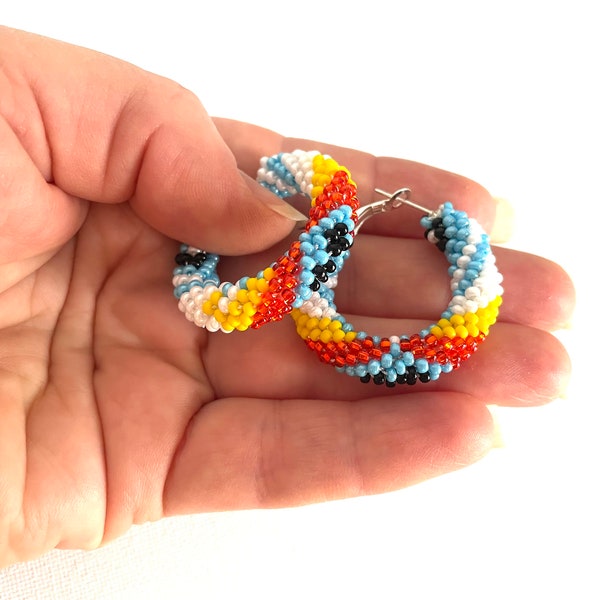 Turquoise Native Style Earrings, Ethnic Southwestern Style Hoop Earrings, Bead Crochet Hoops, Handmade jewelry, huggie hoop earrings silver