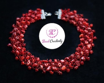 Red beaded necklace with Raw crystals SHIP NEXT DAY, personalized birthday gifts for her, red coral beaded collar necklace, gift for mom