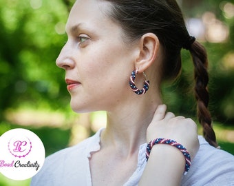 fourth of july earrings and bracelet, patriotic jewelry for women, colorful seed Bead Hoops independence day gift, labor day sale earrings