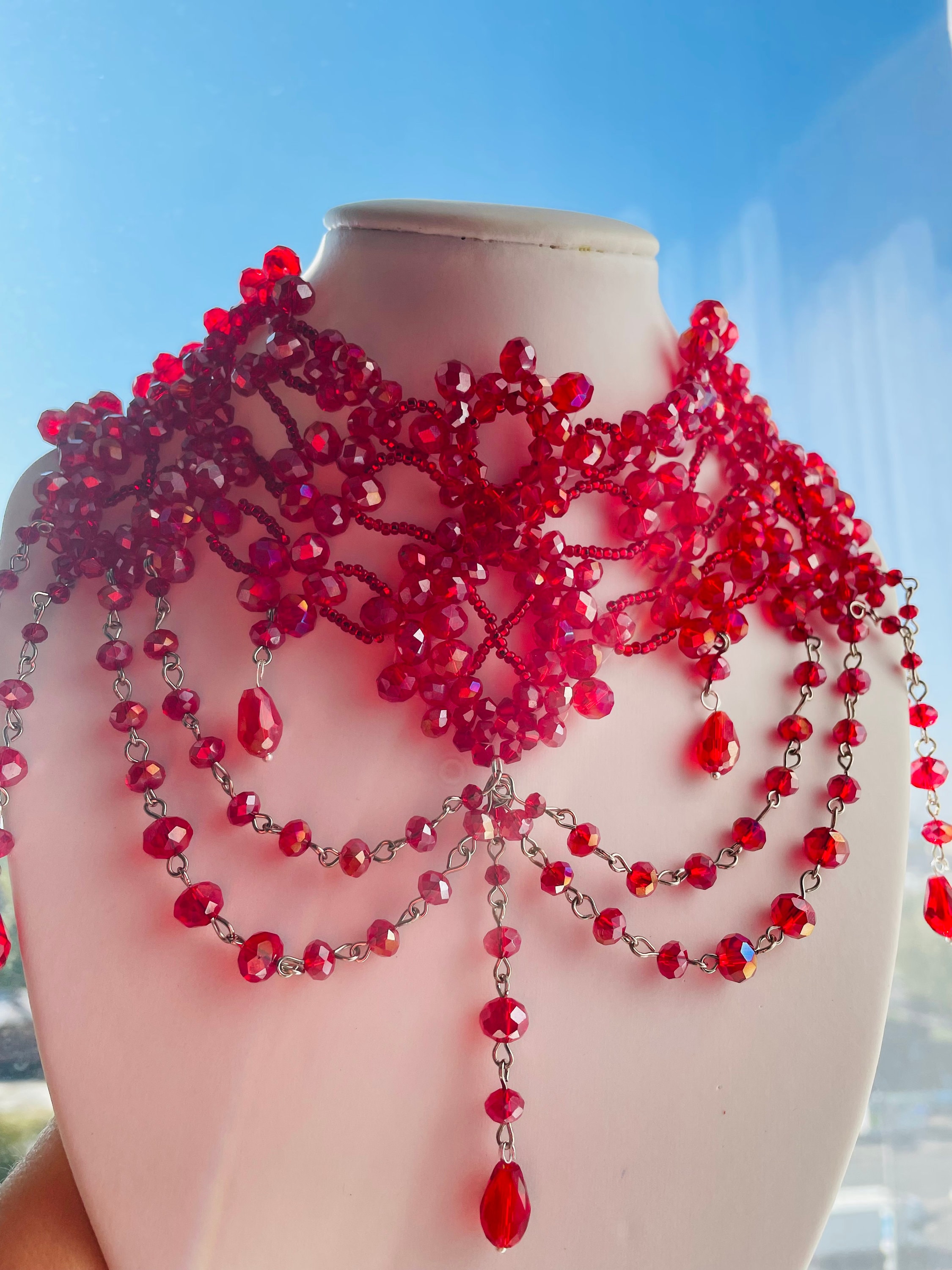 Red Crystal Necklace Collar, Black Beaded Necklace, Handmade 